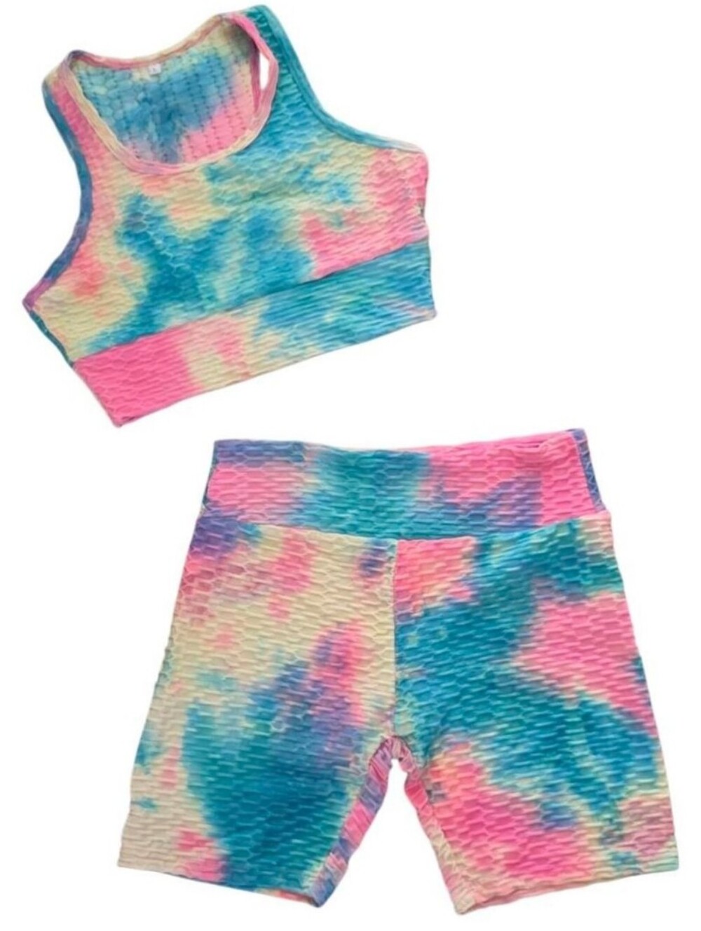 Gym Set Tie-Dye Ribbed Sports Bra & Workout Shorts Pink & Multicolor Medium - Picture 4 of 6